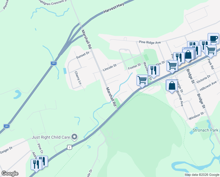map of restaurants, bars, coffee shops, grocery stores, and more near 1400 Marshall Road in Kingston
