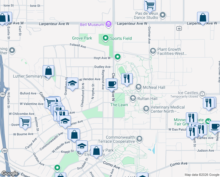 map of restaurants, bars, coffee shops, grocery stores, and more near 1445 Cleveland Avenue North in Saint Paul