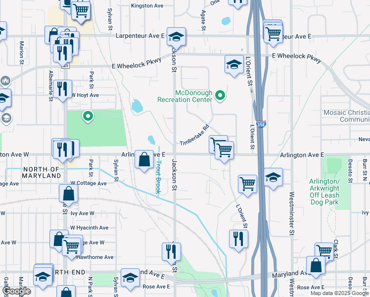 map of restaurants, bars, coffee shops, grocery stores, and more near 119 Arlington Avenue East in Saint Paul