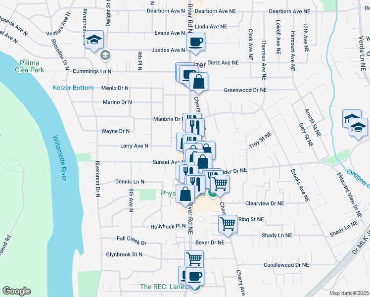 map of restaurants, bars, coffee shops, grocery stores, and more near 4131 River Road North in Keizer