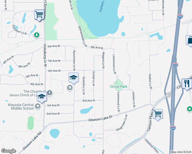 map of restaurants, bars, coffee shops, grocery stores, and more near 520 Orchid Lane North in Plymouth