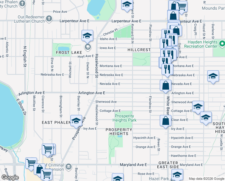 map of restaurants, bars, coffee shops, grocery stores, and more near 1595 Arlington Avenue East in Saint Paul