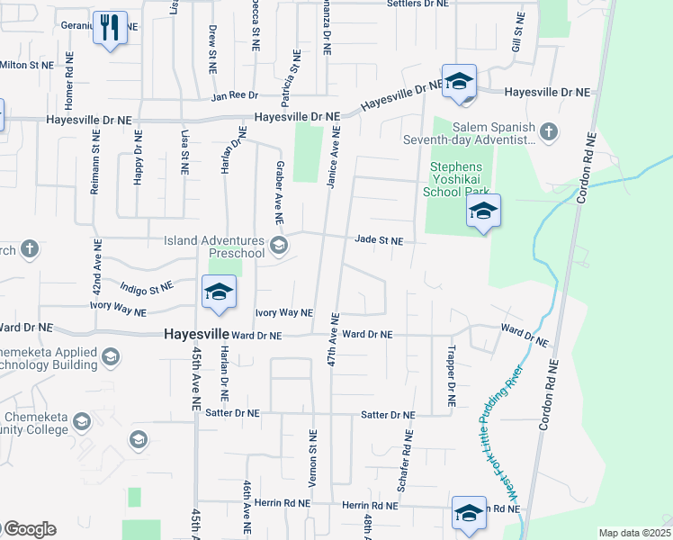 map of restaurants, bars, coffee shops, grocery stores, and more near 4486 Janice Avenue Northeast in Salem