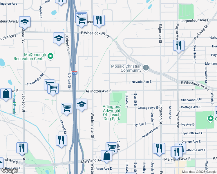 map of restaurants, bars, coffee shops, grocery stores, and more near 1453 Arkwright Street North in Saint Paul