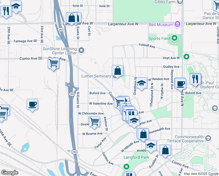 map of restaurants, bars, coffee shops, grocery stores, and more near 2411 Como Avenue in Saint Paul
