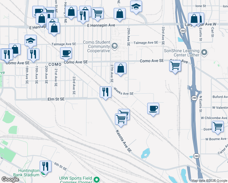 map of restaurants, bars, coffee shops, grocery stores, and more near 811 Weeks Avenue Southeast in Minneapolis