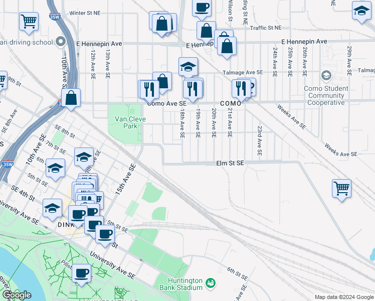 map of restaurants, bars, coffee shops, grocery stores, and more near 852 18th Avenue Southeast in Minneapolis