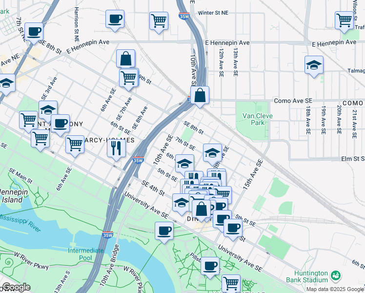 map of restaurants, bars, coffee shops, grocery stores, and more near 1016 Southeast 7th Street in Minneapolis
