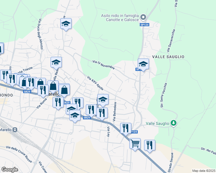 map of restaurants, bars, coffee shops, grocery stores, and more near 51 Via Belvedere in Trofarello