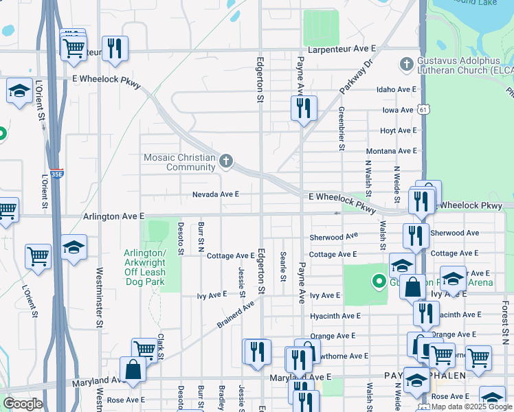 map of restaurants, bars, coffee shops, grocery stores, and more near 1451 Edgerton Street in Saint Paul