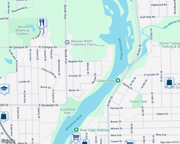 map of restaurants, bars, coffee shops, grocery stores, and more near 1611 Marten Street in Wausau