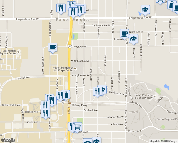 map of restaurants, bars, coffee shops, grocery stores, and more near 1455 Simpson Street in Saint Paul
