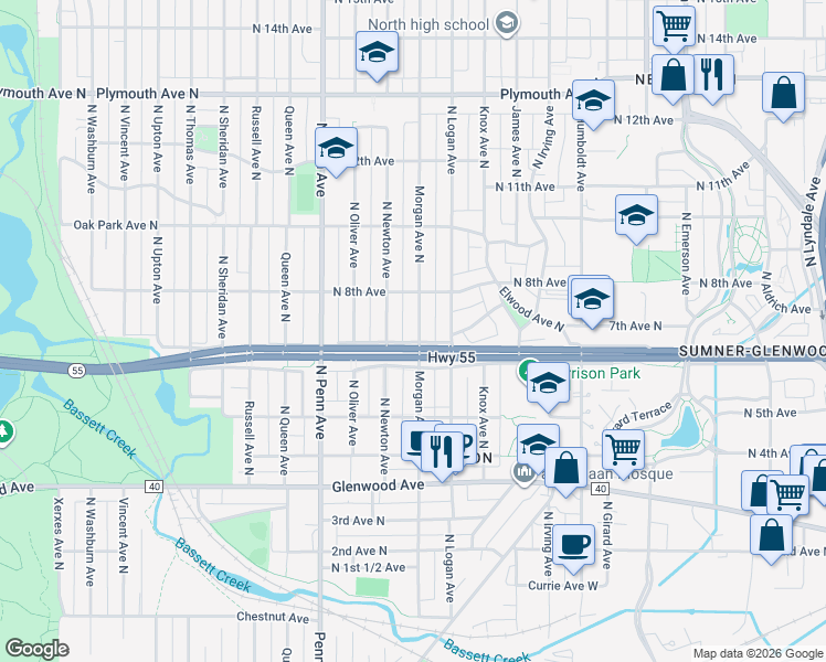 map of restaurants, bars, coffee shops, grocery stores, and more near 621 North Morgan Avenue in Minneapolis