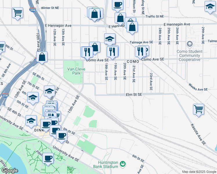 map of restaurants, bars, coffee shops, grocery stores, and more near 852 18th Avenue Southeast in Minneapolis
