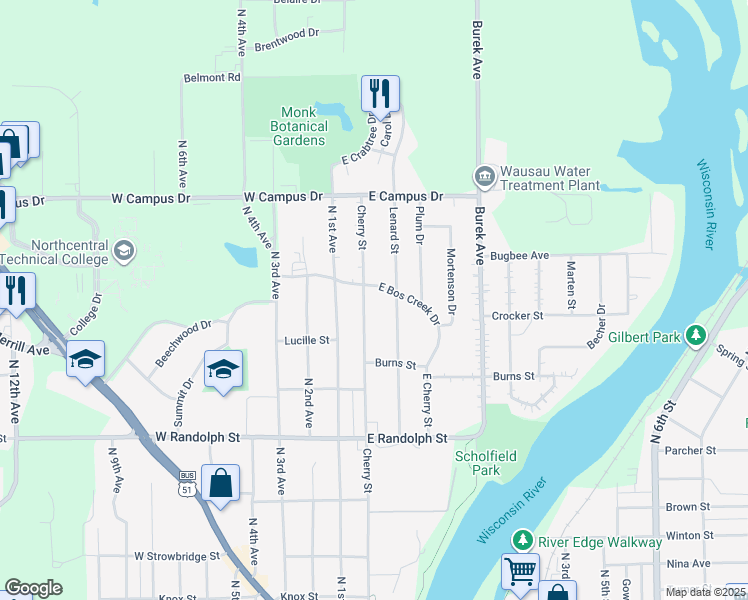 map of restaurants, bars, coffee shops, grocery stores, and more near 1623 Cherry St in Wausau