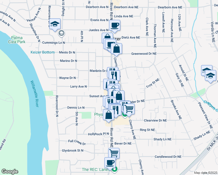 map of restaurants, bars, coffee shops, grocery stores, and more near 4131 River Road North in Keizer