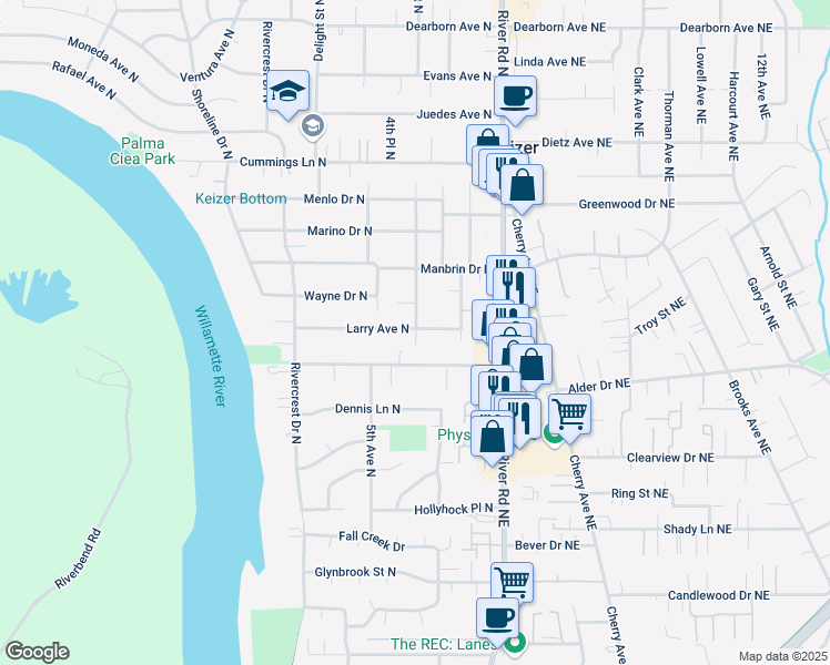 map of restaurants, bars, coffee shops, grocery stores, and more near 400 Larry Avenue North in Keizer