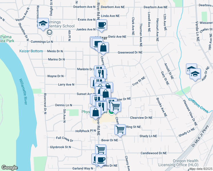 map of restaurants, bars, coffee shops, grocery stores, and more near 4157 Cherry Avenue Northeast in Keizer