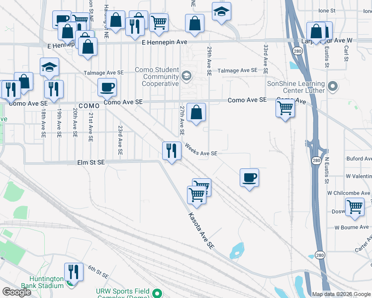 map of restaurants, bars, coffee shops, grocery stores, and more near 811 Weeks Avenue Southeast in Minneapolis
