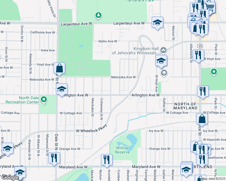 map of restaurants, bars, coffee shops, grocery stores, and more near 1454 Arundel Street in Saint Paul