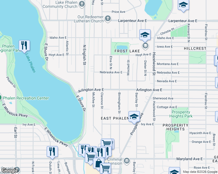 map of restaurants, bars, coffee shops, grocery stores, and more near 1381 Arlington Avenue East in Saint Paul