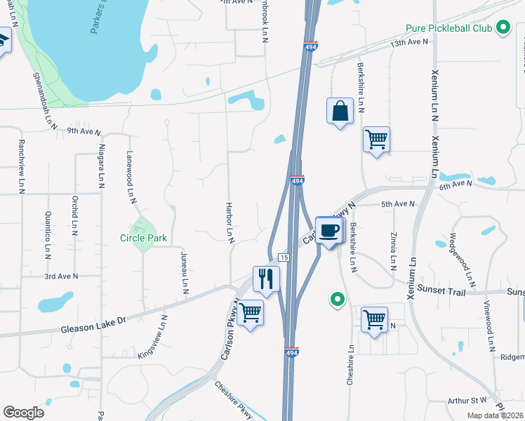 map of restaurants, bars, coffee shops, grocery stores, and more near 520 Glacier Lane North in Plymouth
