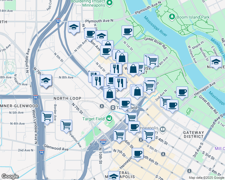map of restaurants, bars, coffee shops, grocery stores, and more near 520 North 4th Street in Minneapolis