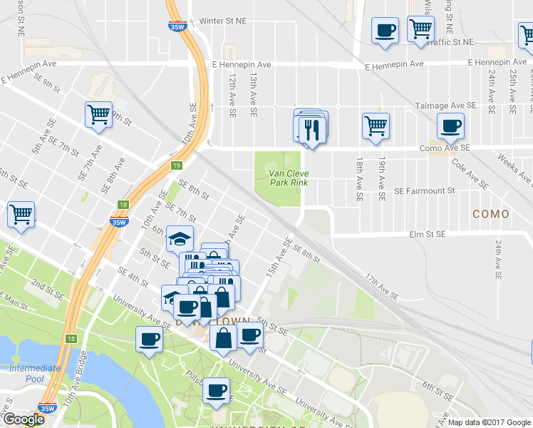 map of restaurants, bars, coffee shops, grocery stores, and more near 815 Rollins Avenue Southeast in Minneapolis