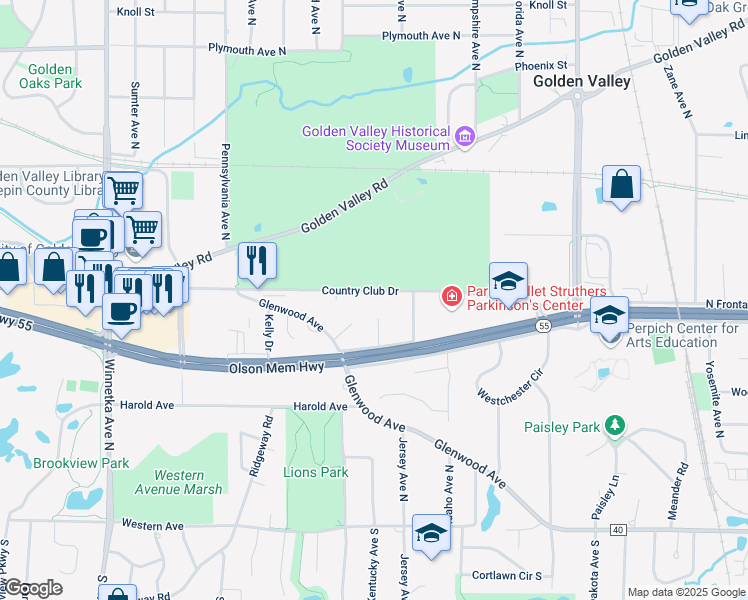 map of restaurants, bars, coffee shops, grocery stores, and more near 7001 Country Club Drive in Minneapolis