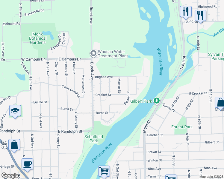 map of restaurants, bars, coffee shops, grocery stores, and more near 1611 Gemini Place in Wausau