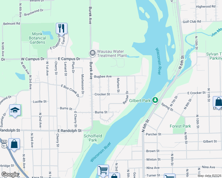 map of restaurants, bars, coffee shops, grocery stores, and more near 1611 Gemini Pl in Wausau