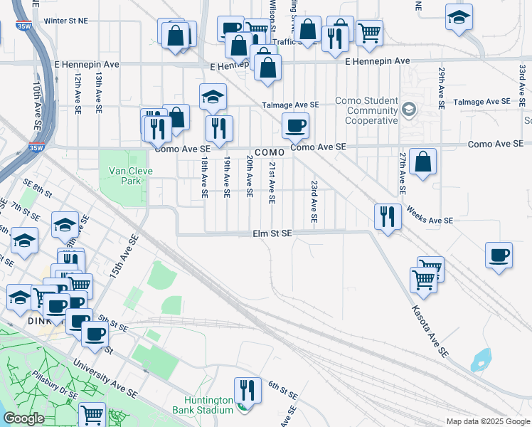 map of restaurants, bars, coffee shops, grocery stores, and more near 855 21st Avenue Southeast in Minneapolis
