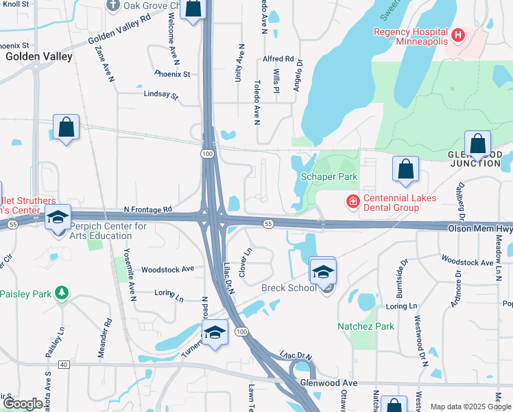map of restaurants, bars, coffee shops, grocery stores, and more near 600 Lilac Drive North in Golden Valley