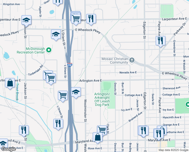 map of restaurants, bars, coffee shops, grocery stores, and more near 1453 Arkwright Street North in Saint Paul