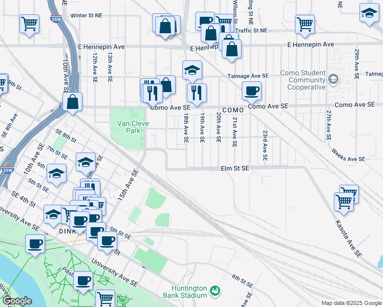 map of restaurants, bars, coffee shops, grocery stores, and more near 852 18th Avenue Southeast in Minneapolis