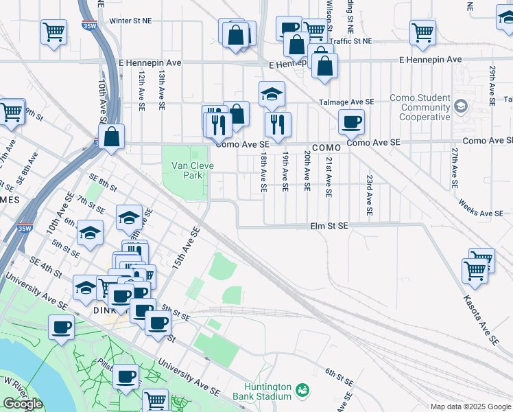 map of restaurants, bars, coffee shops, grocery stores, and more near 918 17th Avenue Southeast in Minneapolis