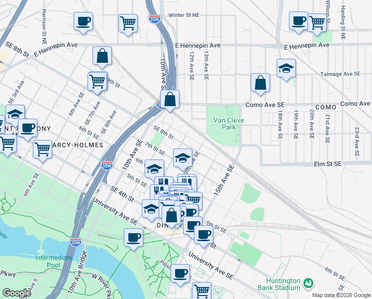 map of restaurants, bars, coffee shops, grocery stores, and more near 716 12th Avenue Southeast in Minneapolis