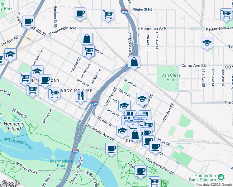 map of restaurants, bars, coffee shops, grocery stores, and more near 1016 Southeast 7th Street in Minneapolis