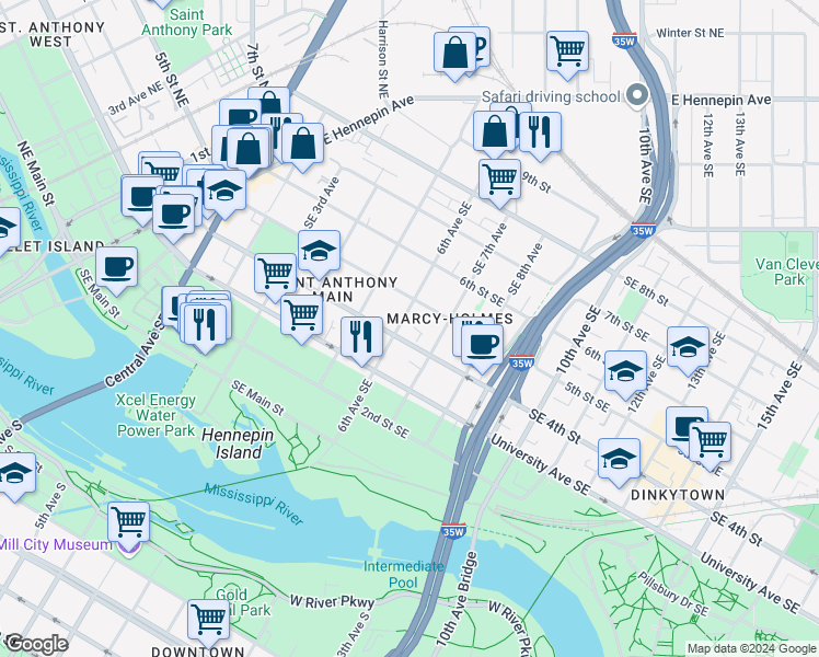 map of restaurants, bars, coffee shops, grocery stores, and more near 615 Southeast 4th Street in Minneapolis