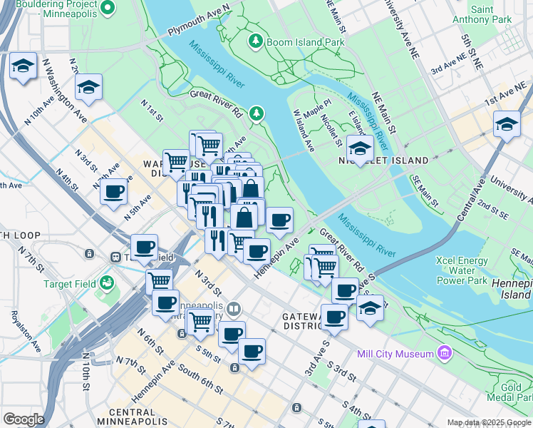 map of restaurants, bars, coffee shops, grocery stores, and more near 113 North 1st Street in Minneapolis