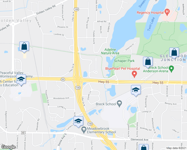 map of restaurants, bars, coffee shops, grocery stores, and more near 600 Lilac Drive North in Golden Valley