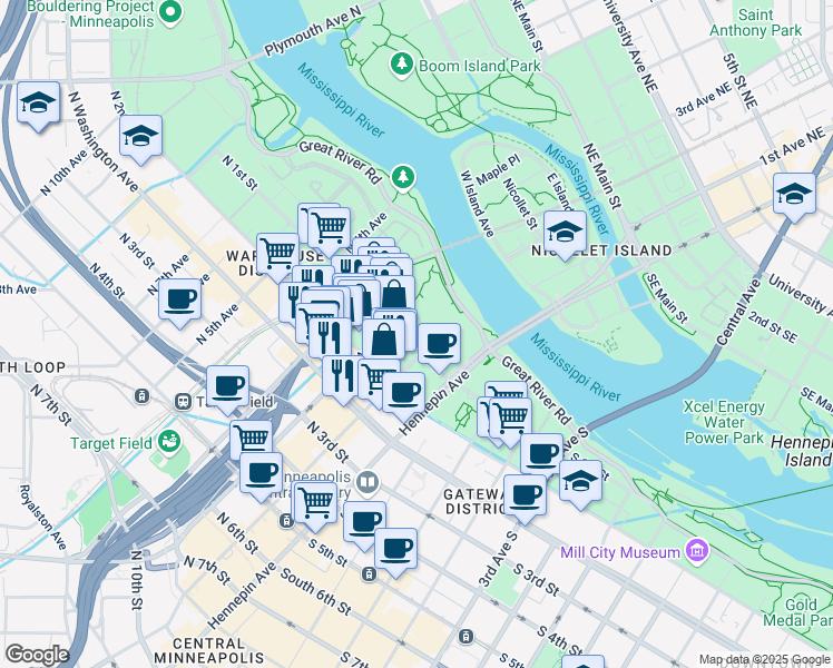 map of restaurants, bars, coffee shops, grocery stores, and more near 110 North 1st Street in Minneapolis