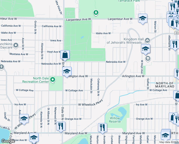 map of restaurants, bars, coffee shops, grocery stores, and more near 1455 Mackubin Street in Saint Paul