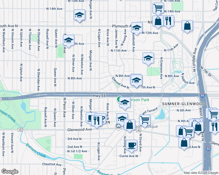 map of restaurants, bars, coffee shops, grocery stores, and more near 1615 Thomas Place North in Minneapolis