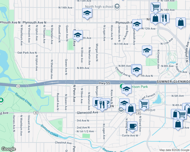 map of restaurants, bars, coffee shops, grocery stores, and more near 621 North Morgan Avenue in Minneapolis