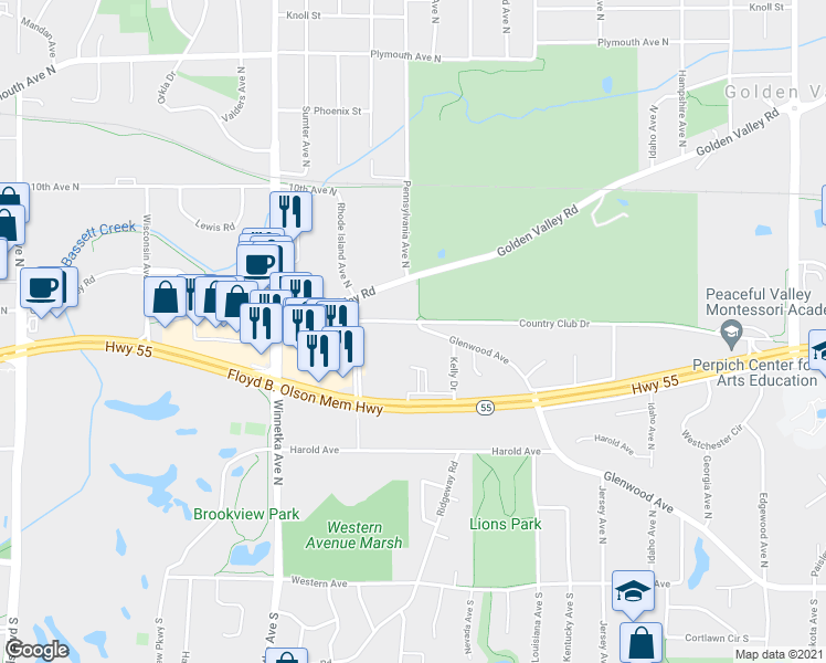 map of restaurants, bars, coffee shops, grocery stores, and more near 7475 Glenwood Avenue in Golden Valley