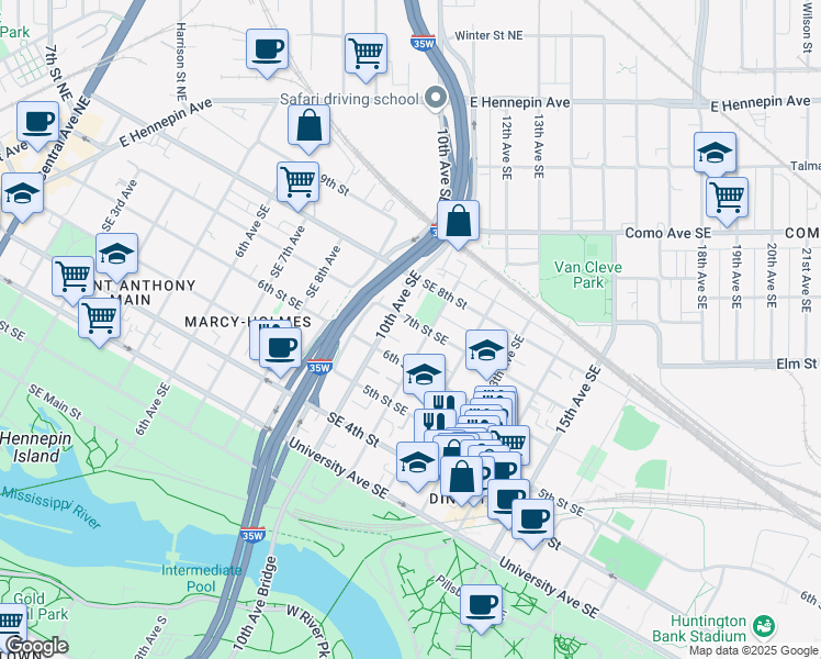 map of restaurants, bars, coffee shops, grocery stores, and more near 1016 Southeast 7th Street in Minneapolis