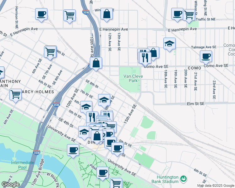 map of restaurants, bars, coffee shops, grocery stores, and more near 800 13th Avenue Southeast in Minneapolis