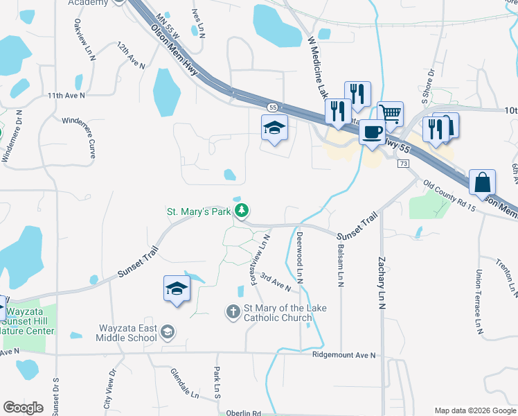 map of restaurants, bars, coffee shops, grocery stores, and more near 11708 Sunset Trail in Minneapolis