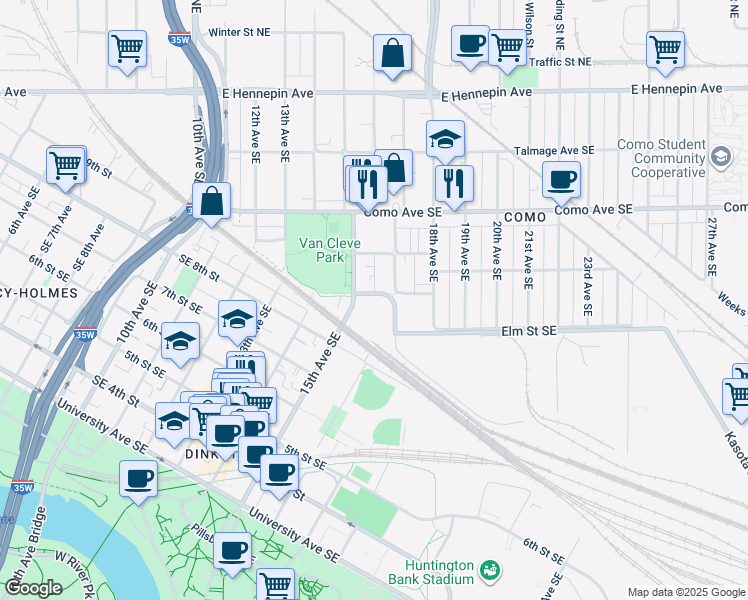 map of restaurants, bars, coffee shops, grocery stores, and more near 1600 Rollins Avenue Southeast in Minneapolis